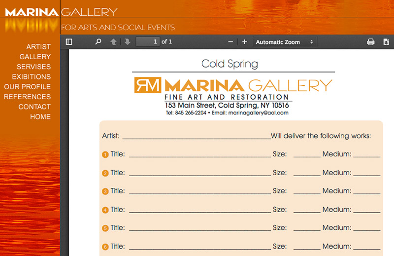 Marina Gallery web page
